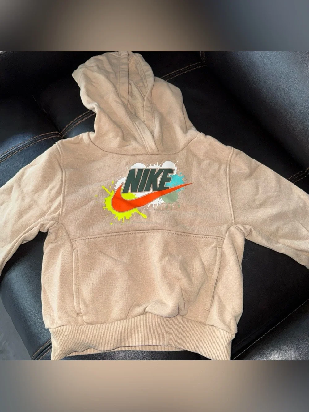 Nike Kids Tan Hoodie with Multi-Color Splash Swoosh